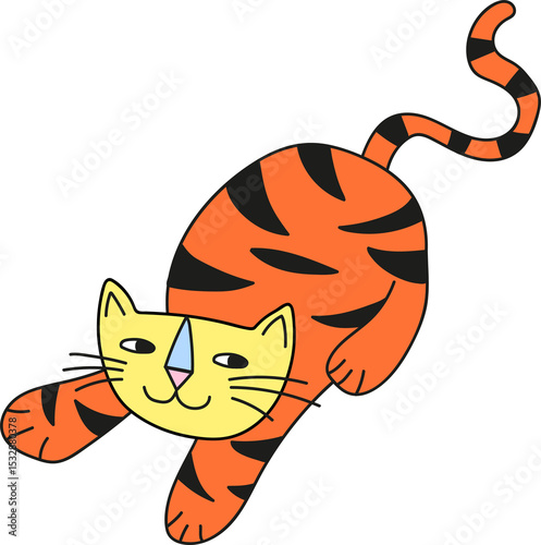 Fototapeta Naklejka Na Ścianę i Meble -  Cartoon tabby cat is crouching in flat design on transparent background, showcasing bold stripes