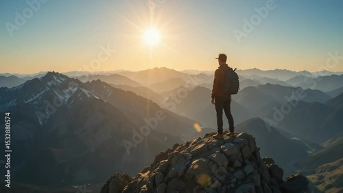 Man Standing on Mountain Top at Sunset, Overlooking a Majestic Mountain Range