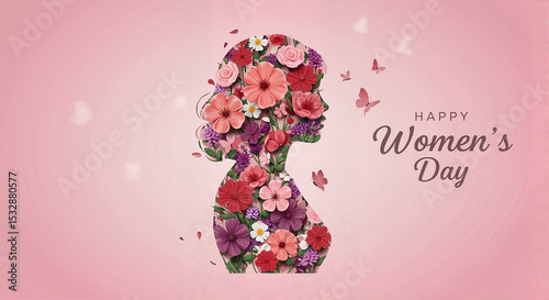 Floral silhouette of a woman celebrating Women's Day with flowers  