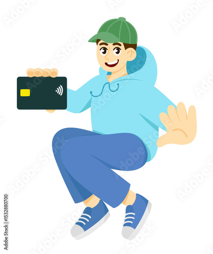 Happy teenage boy jumping, showing debit card. Debit card for teenagers. Vector illustration