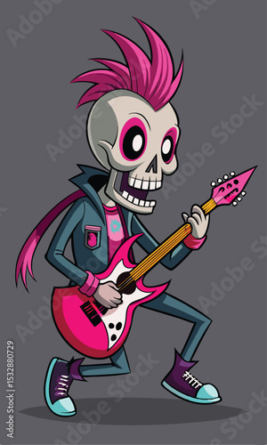 Cartoon skeleton playing electric guitar in pink and blue punk rock style