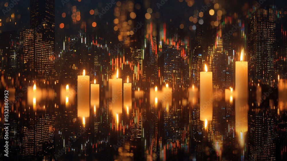 Obraz premium Abstract Holographic Forex Candles Glowing Against City Background