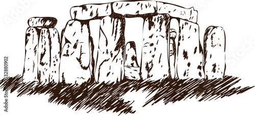 Line art is depicting megalithic stone circle, rough lines, transparent background, copy space