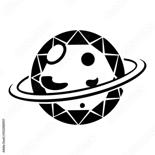 Futuristic black and white planet illustration with geometric facets and rings resembling a celestial gem