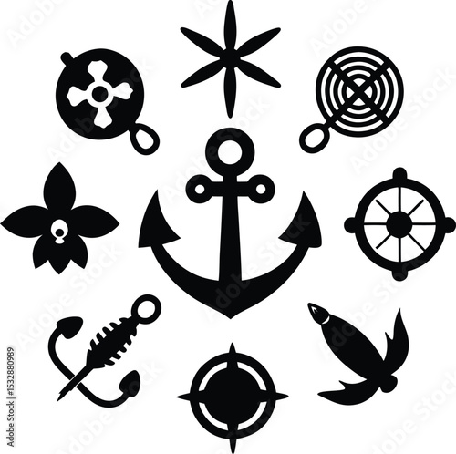Multiple Small Icons Like Rope Anchor Ship Wheel Nautical Collection