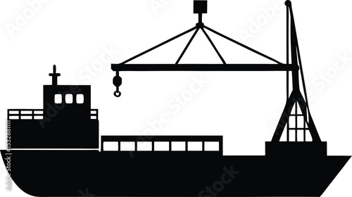 Silhouette of a Cargo Barge with Low Hull and Crane Industrial Vessel