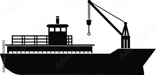 Silhouette of a Cargo Barge with Low Hull and Crane Transport Ship