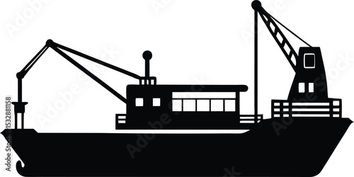Silhouette of a Cargo Barge with Low Hull and Crane Freight Carrier