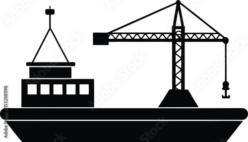 Silhouette of a Cargo Barge with Low Hull and Crane Shipping Vessel