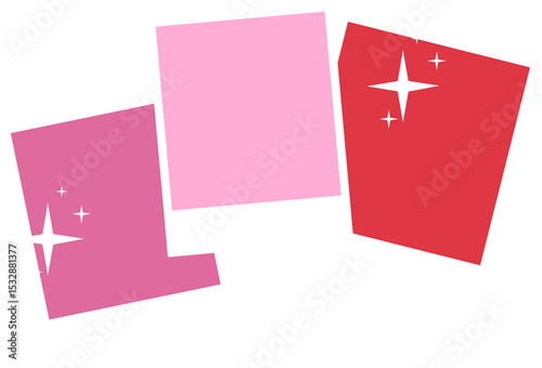 Flat design is showing three polaroid frames floating on transparent background with sparkle icons