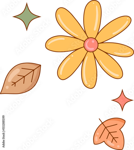 Fototapeta Naklejka Na Ścianę i Meble -  Stylized yellow daisy is floating in flat art with leaves and sparkles, transparent background