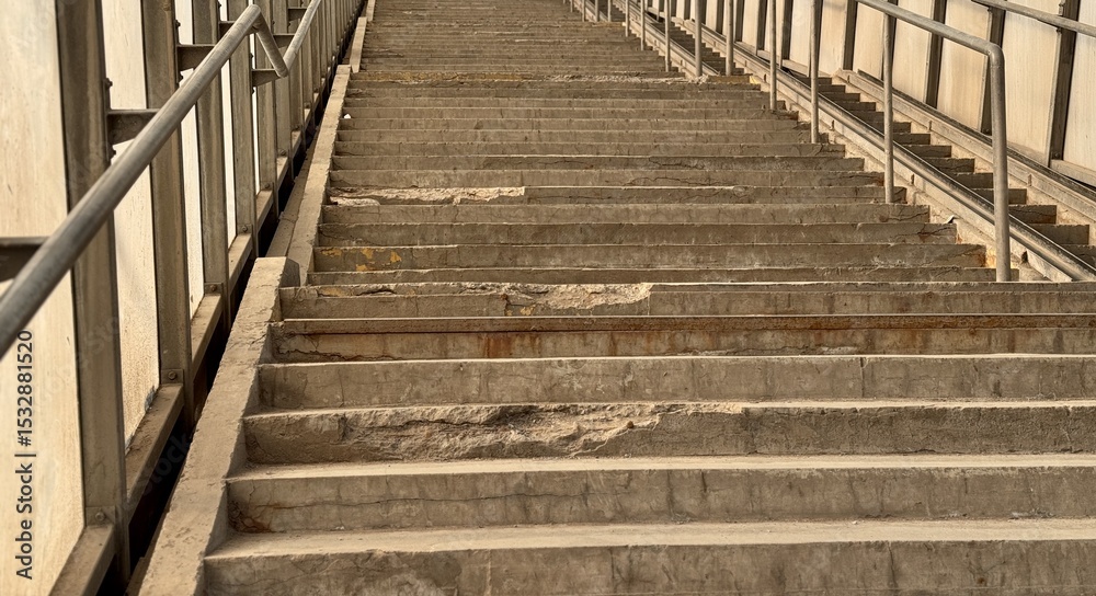 Fototapeta premium Weathered Concrete Steps Found in an Urban Environment and City Life Above and Below. An image showcasing worn concrete steps that reflect years of intense use and weathering in a public space