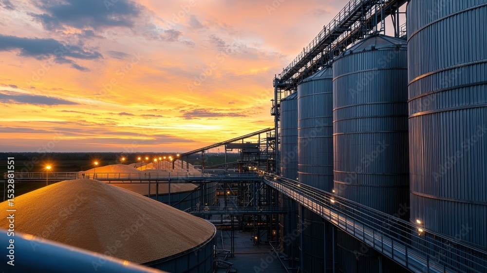 Obraz premium Industrial Storage Area with Towering Silos Under a Beautiful Sunset Sky