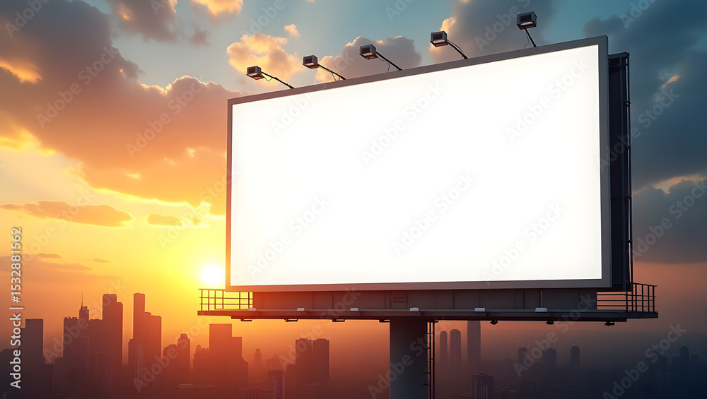 empty billboard, urban city skyline, dramatic sunset sky, silhouettes of buildings, clouds, orange and blue colors, industrial landscape, glowing horizon, empty advertising space empty billboard, urban city skyline, dramatic sunset sky, silhouettes of buildings, clouds, orange and blue colors, industrial landscape, glowing horizon, empty advertising space