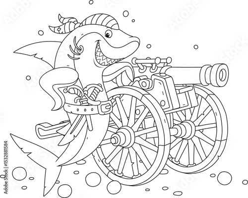 Funny great white shark pirate with a bandana of a sea robber, a sharp saber, a pistol and an old cannon from a sunken sailing ship, black and white vector cartoon illustration for a coloring book