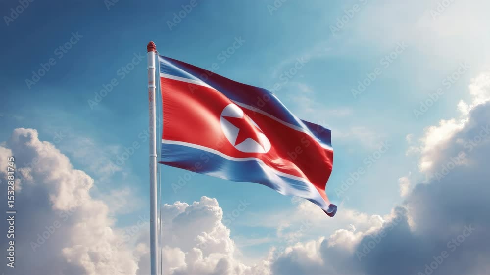 North Korean flag waves against bright sky. Bold red, blue, white colors symbolize nation's ideals and identity. Star represents struggle for independence. National pride and sovereignty.