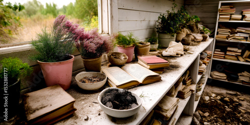 Rustic murmuring cottage interior with neglected bookshelves and overgrown plants.