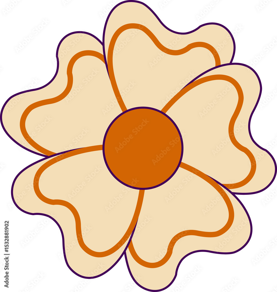 Fototapeta premium Flat flower is showing six cream petals purple outlines orange disk accents transparent background