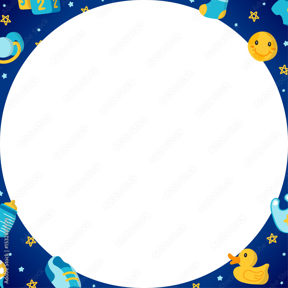 Fototapeta premium Showing flat circular placeholder with baby icons and stars on transparent backdrop, copy space