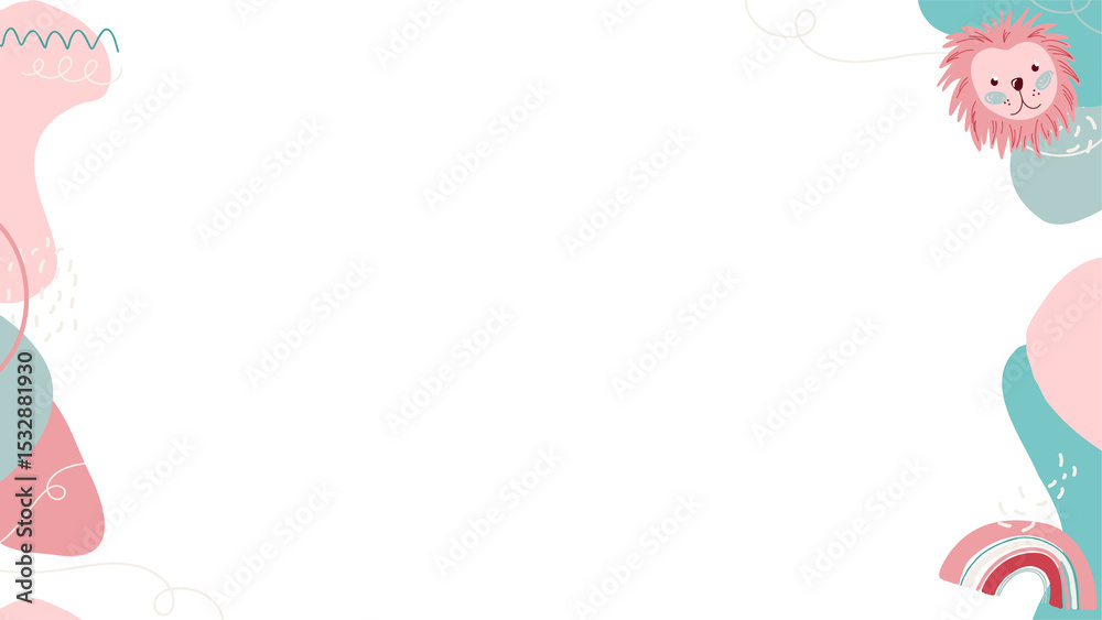 Naklejka premium Decorative pastel frame is featuring flat shapes, lion head, rainbow, doodles on clear background