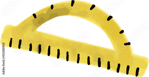 Yellow protractor is showing watercolor effect with black degree marks on transparent background