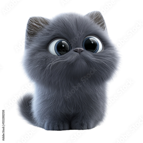 Cute Fluffy Black Cartoon Cat with Big Eyes – 3D Style Isolated on Transparent Background

