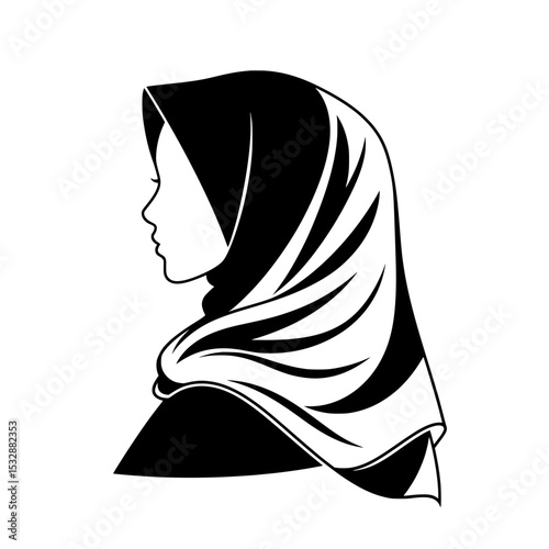 Elegant vector silhouette illustration of a Muslim woman wearing a hijab, showcasing a graceful side profile. 