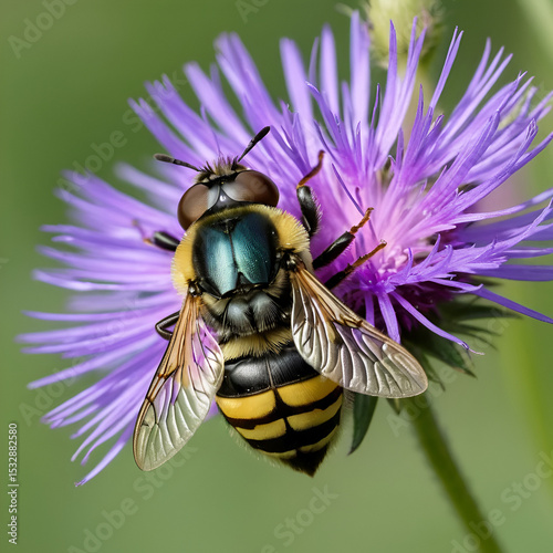 Closeup on a bumblee mimicking plumehorn hoverfly, Volucella plumifrons sitting on a purple knapweed flower