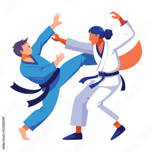 Dynamic illustration of two martial artists engaged in a judo or karate match