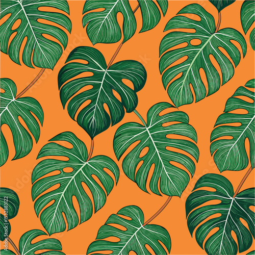 Seamless vector pattern of tropical monstera leaves on a bright orange background, for packaging designs, clothing and textile manufacturers, notebook covers, stickers 