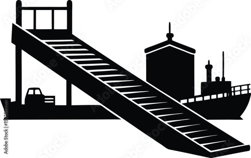 Silhouette of a Loading Ramp Extending from Ship Vehicle Entry