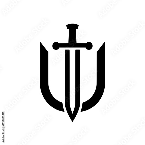 Vector silhouette illustration of a sword piercing downwards in front of a sturdy shield, creating a powerful and iconic logo. 