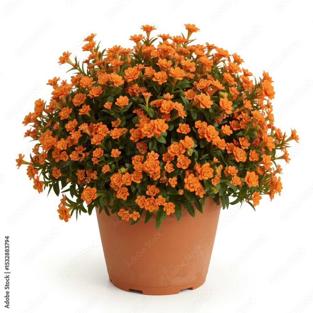 Fototapeta premium Vibrant orange kalanchoe blossoms in a terracotta pot