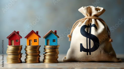 Colorful miniature houses on stacks of gold coins with money bag representing real estate investment and financial growth ideal for business presentations