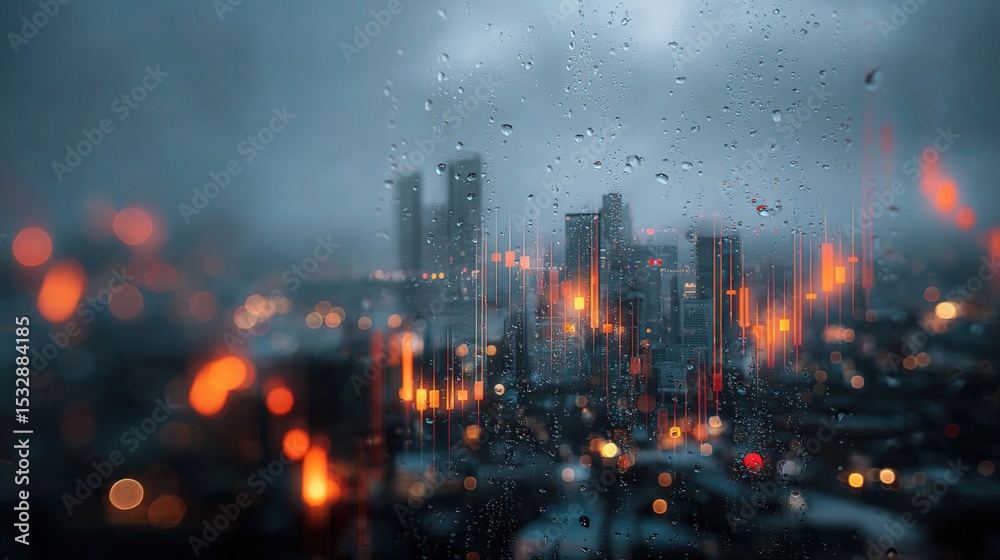Fototapeta premium Abstract Visualization of Technology Driven Candlestick Chart Over Cityscape