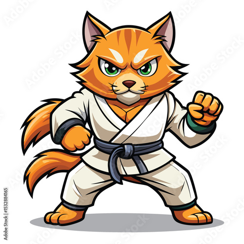 Fierce orange cartoon cat in karate uniform ready to fight with determined expression