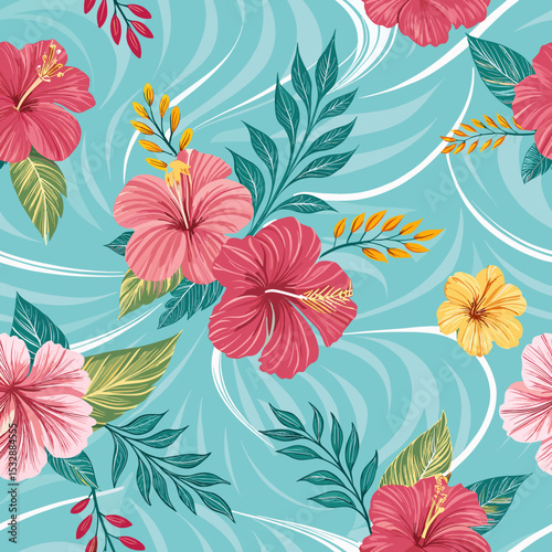 Seamless vector floral pattern with bright hibiscus on turquoise background, for travel bloggers, prints, clothes, textiles