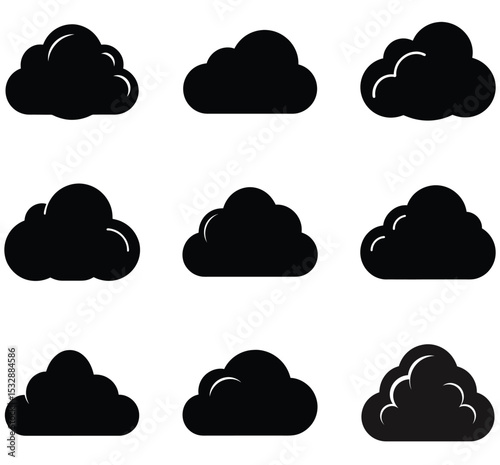 Nine black cloud icons isolated on white background