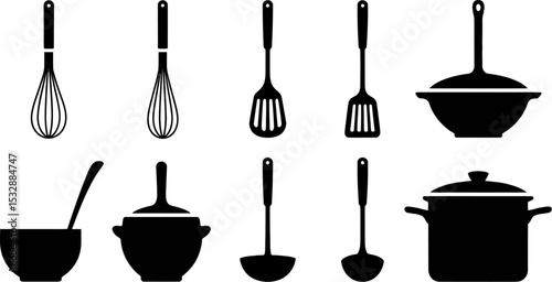 Kitchen utensils vector illustration cooking tools silhouette set for culinary design and decoration editable stock vector illustration
