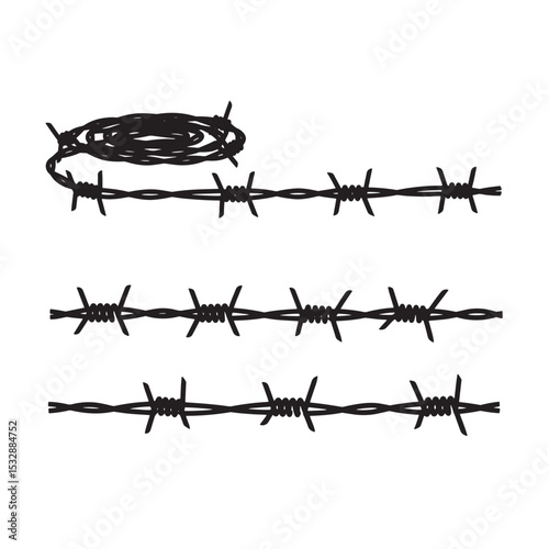 Set of black silhouette barbed wire elements isolated on a white background decorative design