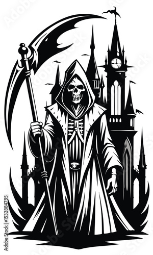 Grim reaper with scythe standing before a gothic castle at halloween