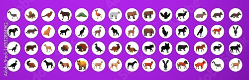 A large grid of various animals.  Each animal is presented in a full shot, facing forward or slightly angled.  The animals include: buffalo, cow, ox, dog, cat, sheep, goat, snake, mouse, squirrel, fro