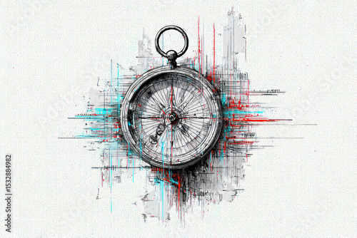 A unique compass illustration featuring bold colors and abstract lines represents direction and exploration beautifully