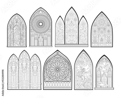 Set of beautiful Gothic stained glass windows from French churches. Black and white drawing for coloring book. Medieval architecture in western Europe. Educational page. Hand drawn vector illustration