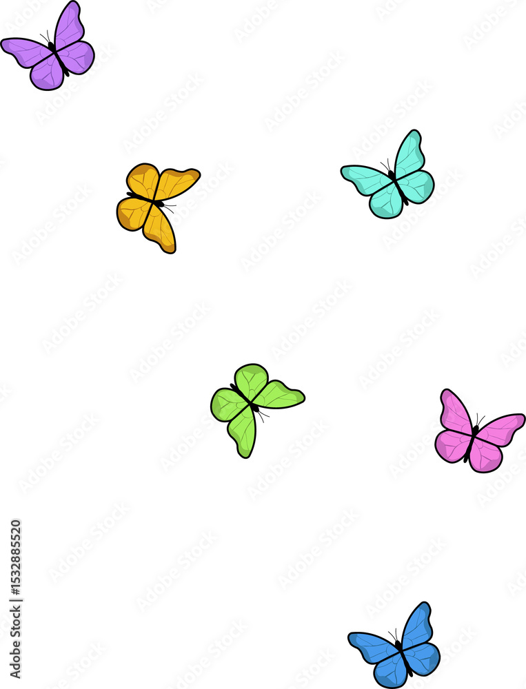 Fototapeta premium Cartoon-style butterfly designs are floating on transparent background, showcasing seven vivid hues