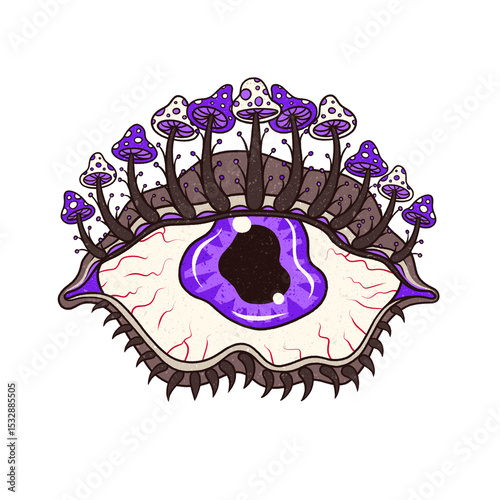Fotografie Surreal vector eyeball with purple mushrooms is floating on transparent backgrou