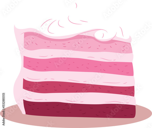 Flat design showing pink cake slice with whipped topping on plate on transparent background