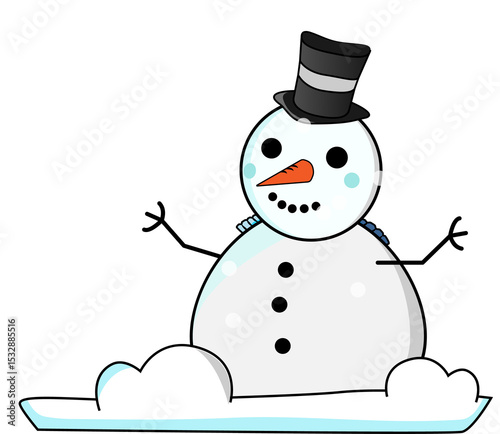 Flat design snowman is standing on transparent bg wearing hat and scarf, carrot nose, coal buttons