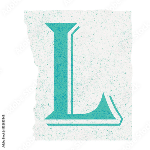 Flat design turquoise letter L is floating on transparent background, with rough-edged white panel