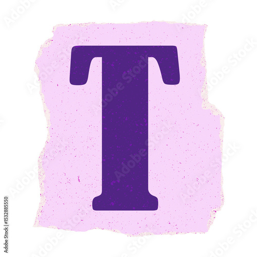 Bold letter T is floating on torn pink paper in vector, transparent background, copy space